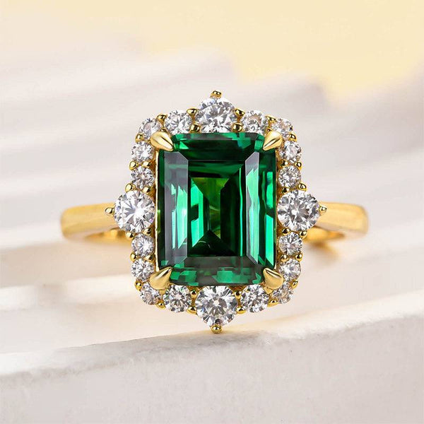 Louily Yellow Gold Halo Emerald Cut Engagement Ring In Sterling Silver
