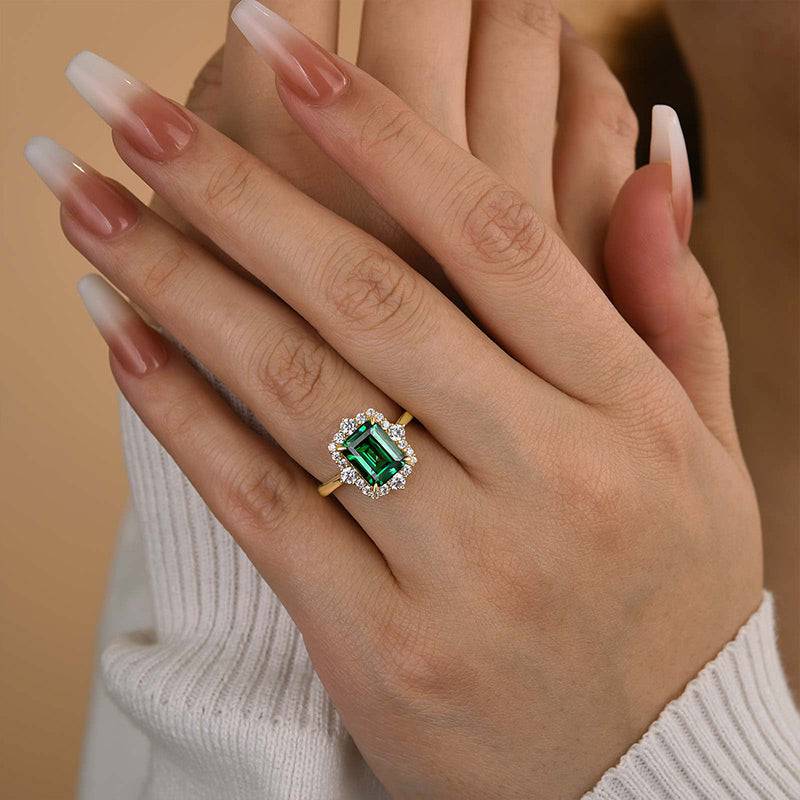 Louily Yellow Gold Halo Emerald Cut Engagement Ring In Sterling Silver - louilyjewelry