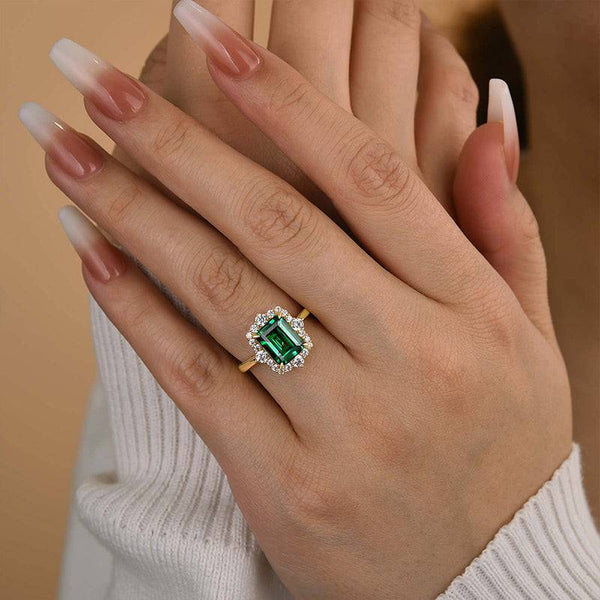 Louily Yellow Gold Halo Emerald Cut Engagement Ring In Sterling Silver