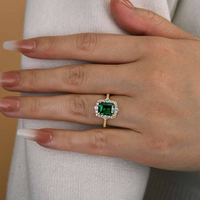 Louily Yellow Gold Halo Emerald Cut Engagement Ring In Sterling Silver - louilyjewelry
