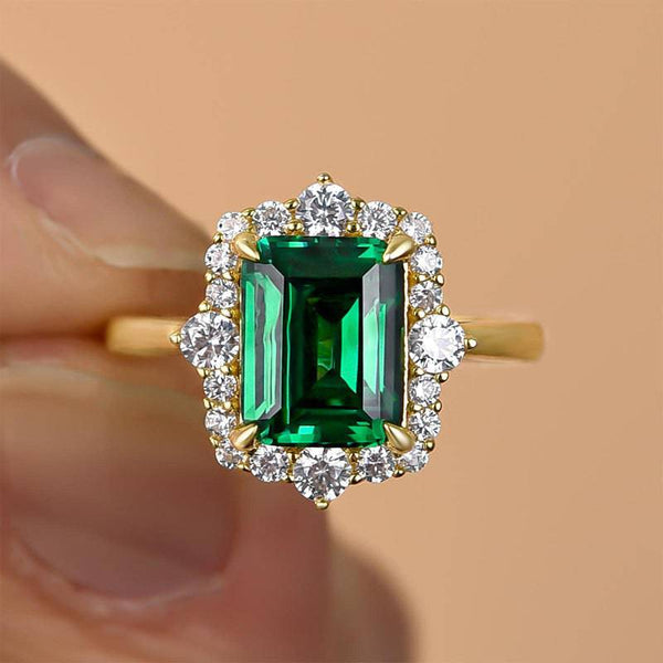 Louily Yellow Gold Halo Emerald Cut Engagement Ring In Sterling Silver