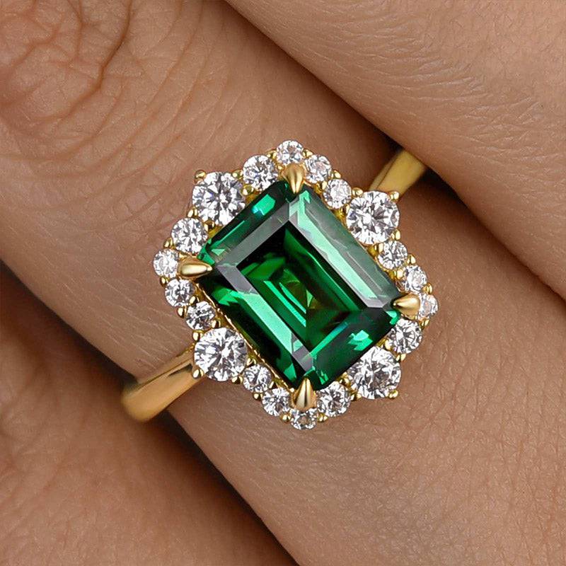 Louily Yellow Gold Halo Emerald Cut Engagement Ring In Sterling Silver - louilyjewelry