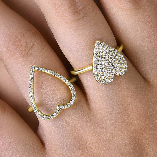 Louily Yellow Gold Pave Heart shaped Wedding Band Set In Sterling Silver