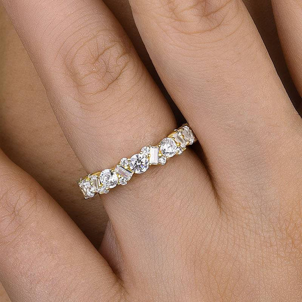 Louily Yellow Gold Round Cut & Emerald Cut Wedding Band In Sterling Silver