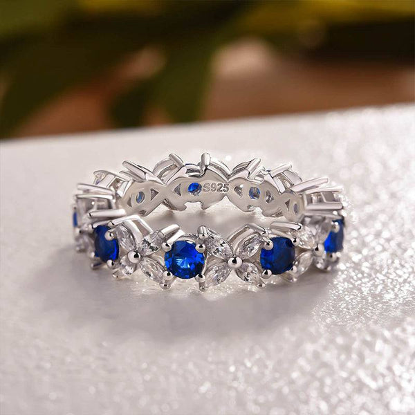 Louily Fashion Butterfly Design White & Blue Sapphire Wedding Band In Sterling Silver