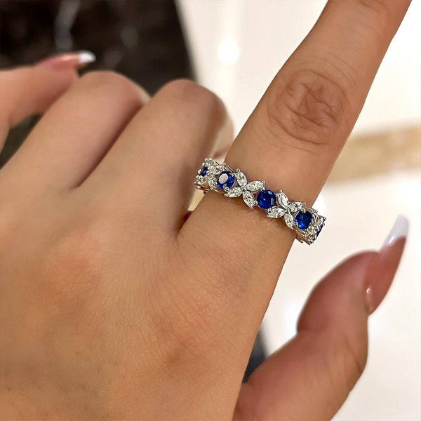 Louily Fashion Butterfly Design White & Blue Sapphire Wedding Band In Sterling Silver