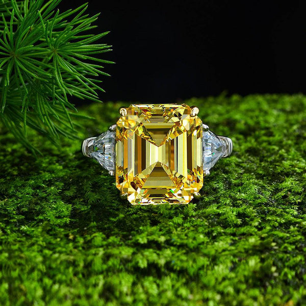 Louily Asscher & Trillion Cut Yellow Sapphire Three Stone Engagement Ring