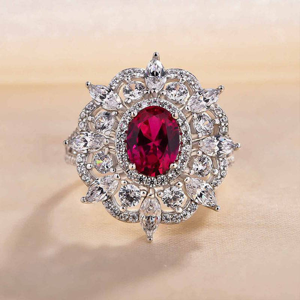 Louily Exclusive Flower Shape 1.0 Carat Oval Cut Ruby Engagement Ring In Sterling Silver