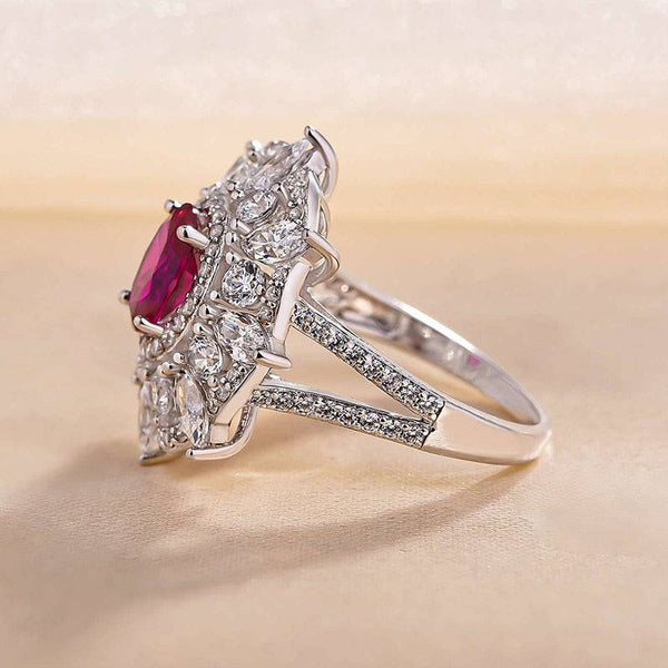 Louily Exclusive Flower Shape 1.0 Carat Oval Cut Ruby Engagement Ring In Sterling Silver