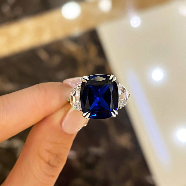 Louily Gorgeous Blue Sapphire Cushion Cut Three Stone Engagement Ring In Sterling Silver