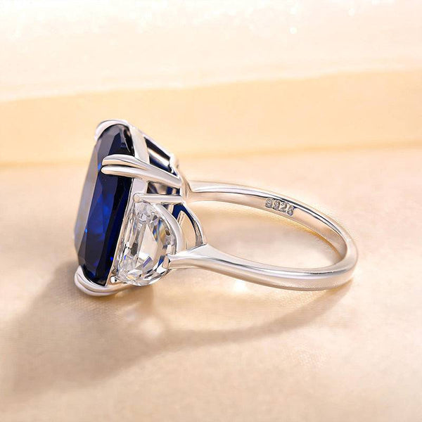 Louily Gorgeous Blue Sapphire Cushion Cut Three Stone Engagement Ring In Sterling Silver