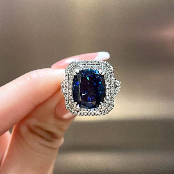 Louily Luxurious Double Halo Blue Sapphire Cushion Cut Engagement Ring In Sterling Silver