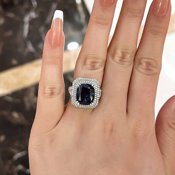 Louily Luxurious Double Halo Blue Sapphire Cushion Cut Engagement Ring In Sterling Silver