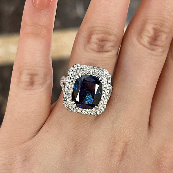 Louily Luxurious Double Halo Blue Sapphire Cushion Cut Engagement Ring In Sterling Silver