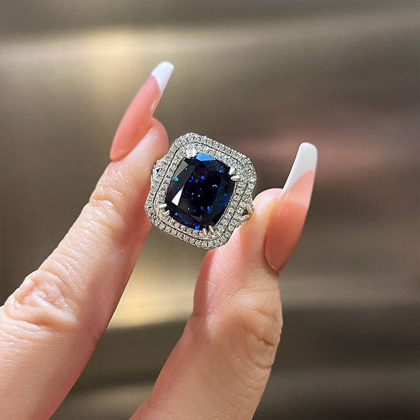 Louily Luxurious Double Halo Blue Sapphire Cushion Cut Engagement Ring In Sterling Silver