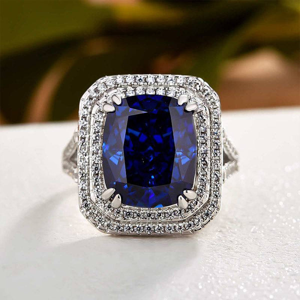 Louily Luxurious Double Halo Blue Sapphire Cushion Cut Engagement Ring In Sterling Silver