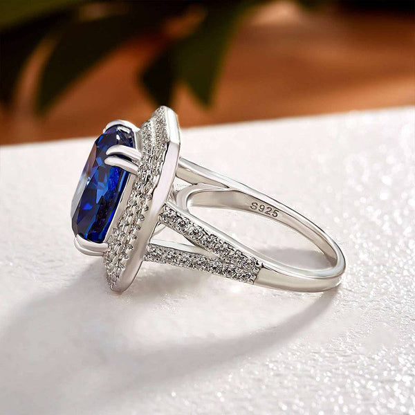 Louily Luxurious Double Halo Blue Sapphire Cushion Cut Engagement Ring In Sterling Silver