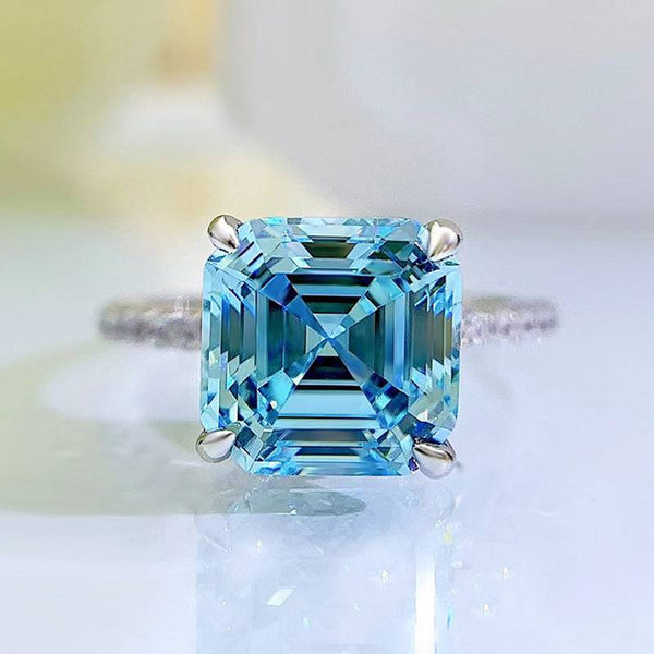 Louily Stunning Hidden Halo Asscher Cut Light Aquamarine Blue Engagement Ring In Sterling Silver