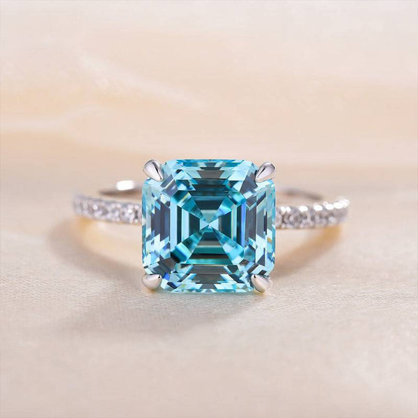 Louily Stunning Hidden Halo Asscher Cut Light Aquamarine Blue Engagement Ring In Sterling Silver