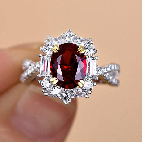Louily Vintage Twist 1.0 Carat Oval Cut Ruby Engagement Ring In Sterling Silver