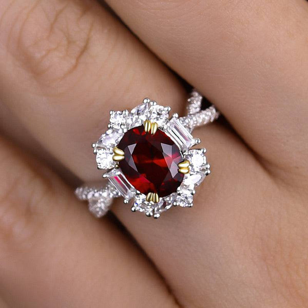 Louily Vintage Twist 1.0 Carat Oval Cut Ruby Engagement Ring In Sterling Silver