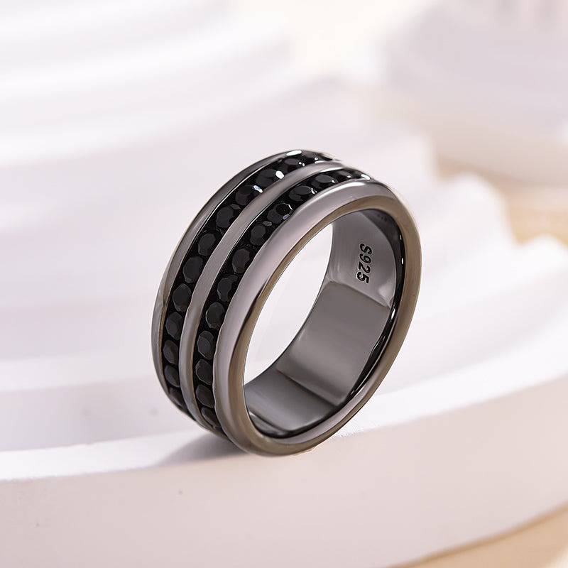 Louily Two Row Design Black Gold Black Sapphire Men's Wide Wedding Band In 925 Sterling Silver - louilyjewelry