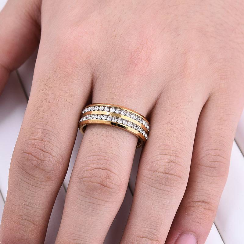 Louily Two Row Design Yellow Gold White Sapphire Men's Wide Wedding Band In 925 Sterling Silver - louilyjewelry