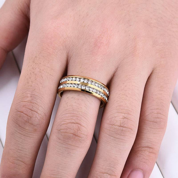 Louily Two Row Design Yellow Gold White Sapphire Titanium Steel Men's Wedding Band