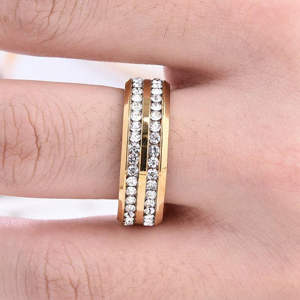 Louily Two Row Design Yellow Gold White Sapphire Titanium Steel Men's Wedding Band