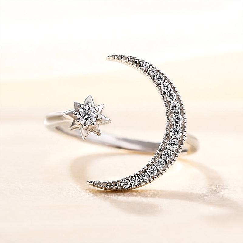 Louily Crescent Moon & Star Adjustable Open Ring In Sterling Silver - louilyjewelry