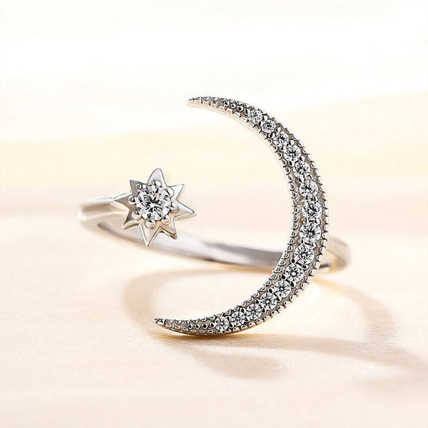 Louily Crescent Moon & Star Adjustable Open Ring In Sterling Silver