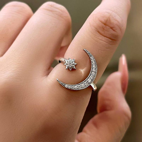 Louily Crescent Moon & Star Adjustable Open Ring In Sterling Silver