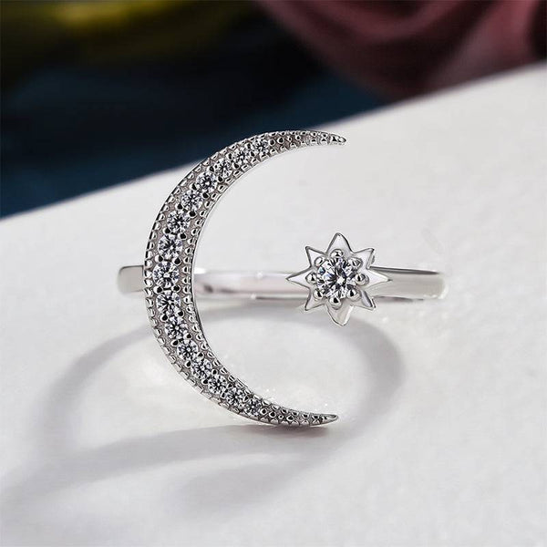 Louily Crescent Moon & Star Adjustable Open Ring In Sterling Silver