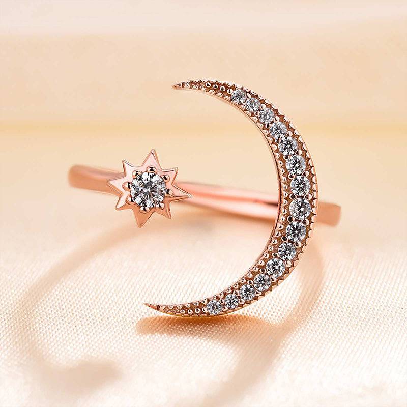 Louily Crescent Moon & Star Adjustable Open Ring In Sterling Silver - louilyjewelry