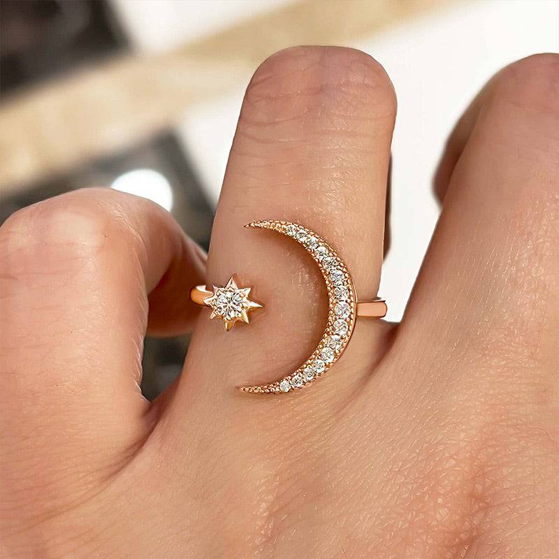 Louily Crescent Moon & Star Adjustable Open Ring In Sterling Silver - louilyjewelry