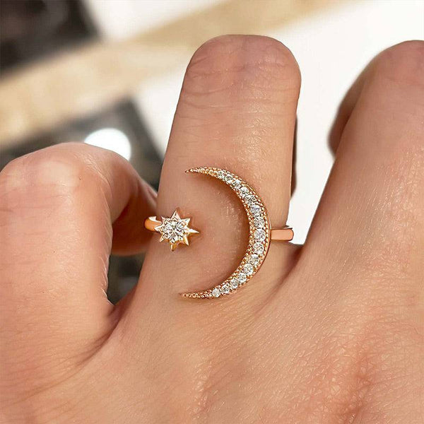 Louily Crescent Moon & Star Adjustable Open Ring In Sterling Silver