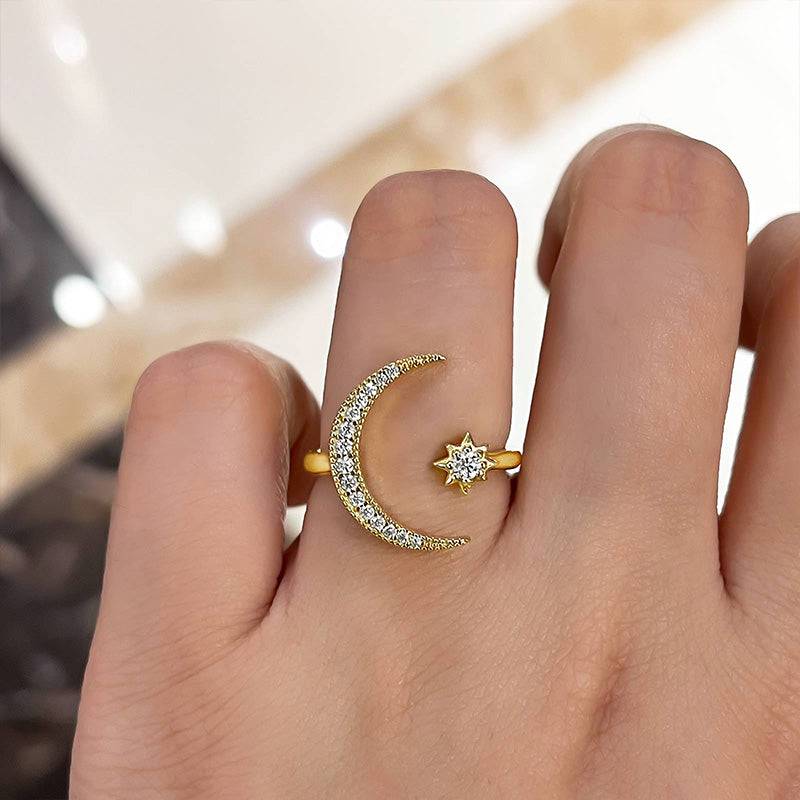 Louily Crescent Moon & Star Adjustable Open Ring In Sterling Silver - louilyjewelry