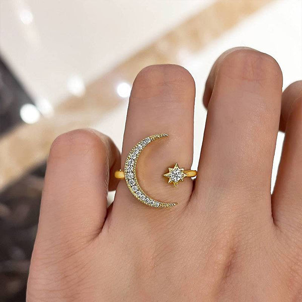 Louily Crescent Moon & Star Adjustable Open Ring In Sterling Silver